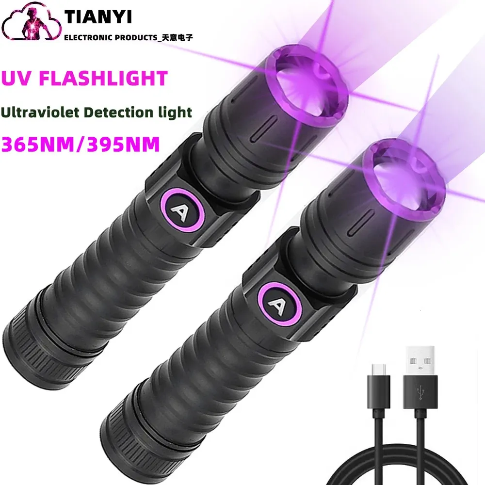 Gadżety zewnętrzne 365 nm lub 395 nm UV Latarka Zoom 5W Typ Corargowalne Czarne Światło Money Detector Aluminium Aluminium Ładowanie UV Torch 231114