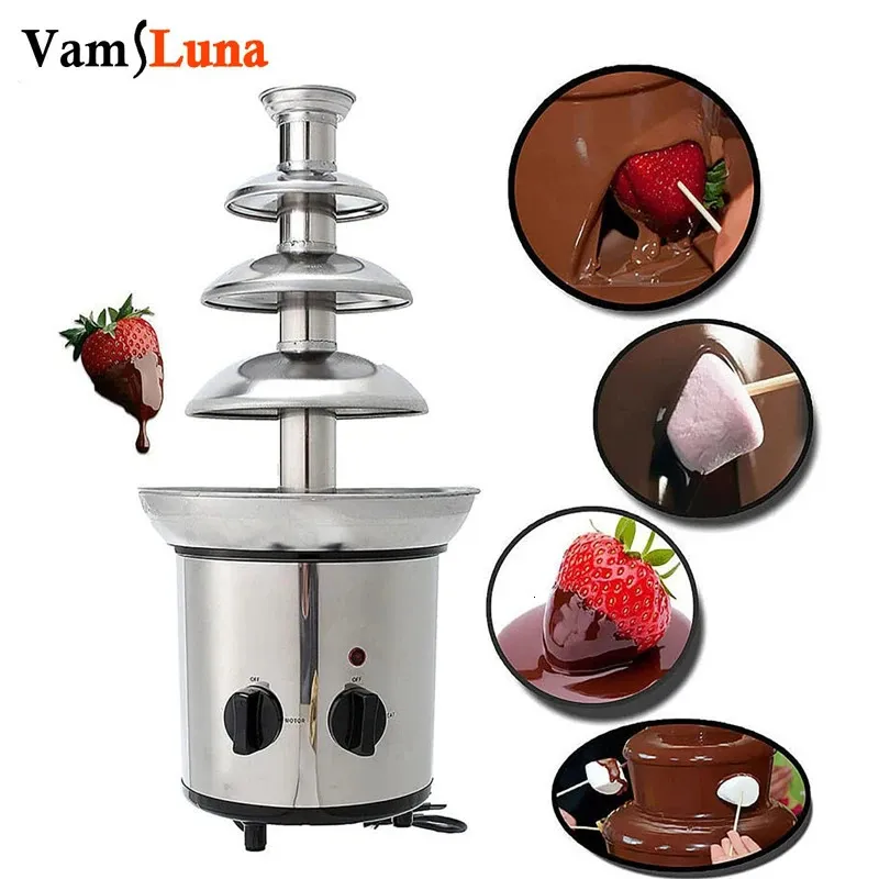 Other Kitchen Dining Bar 4 Tier Stainless Steel Electric Chocolate Fondue Fountain Machine Choco Melts Dipping Warmer for Candy Butter 231113