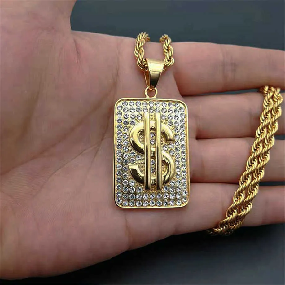 Anhänger Halsketten Hiphop US Dollar Geld Anhänger Halsketten Männlicher Edelstahl Iced Out Bling Zirkonia Herren Hip Hop Schmuck Dropshipping T230413