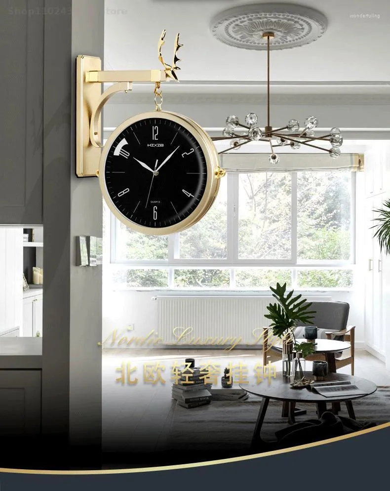 Relógios de parede decoração de casa Double -sided redonda estação de montagem Relógios Face Relógio vintage Retro Metal Frame Dial Glass Dial
