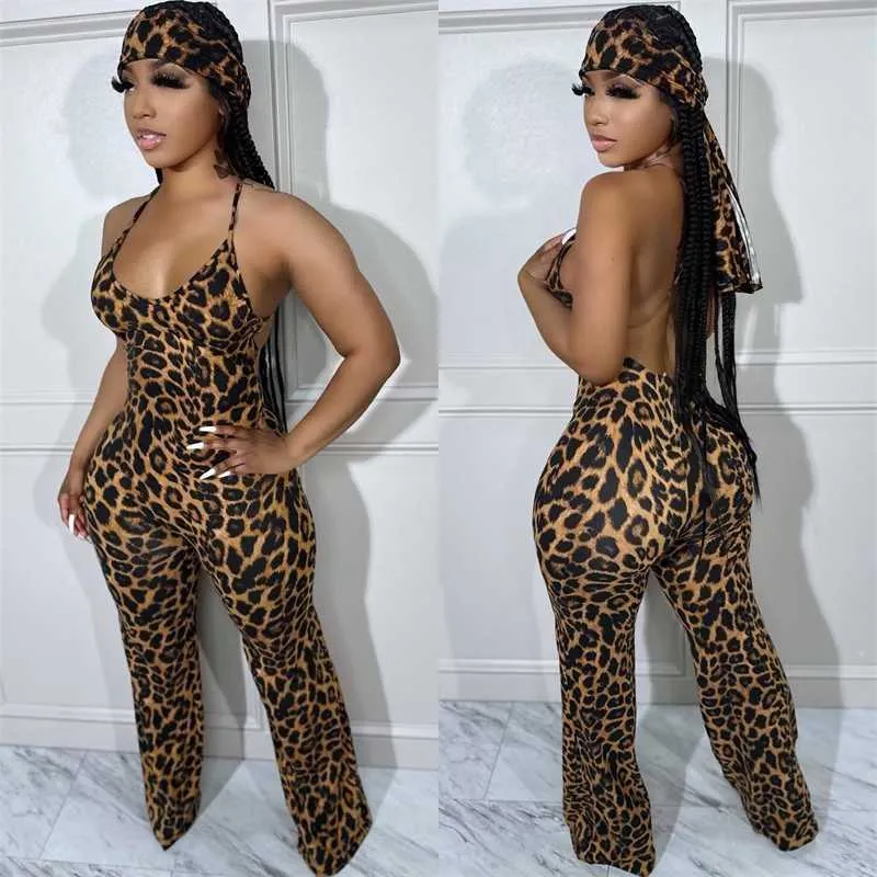 Women Clothing Designer Jumpsuit Zipper Onesies 2023 New Leopard Print Ladies Sling sleeveless Bodysuit With Headscarf