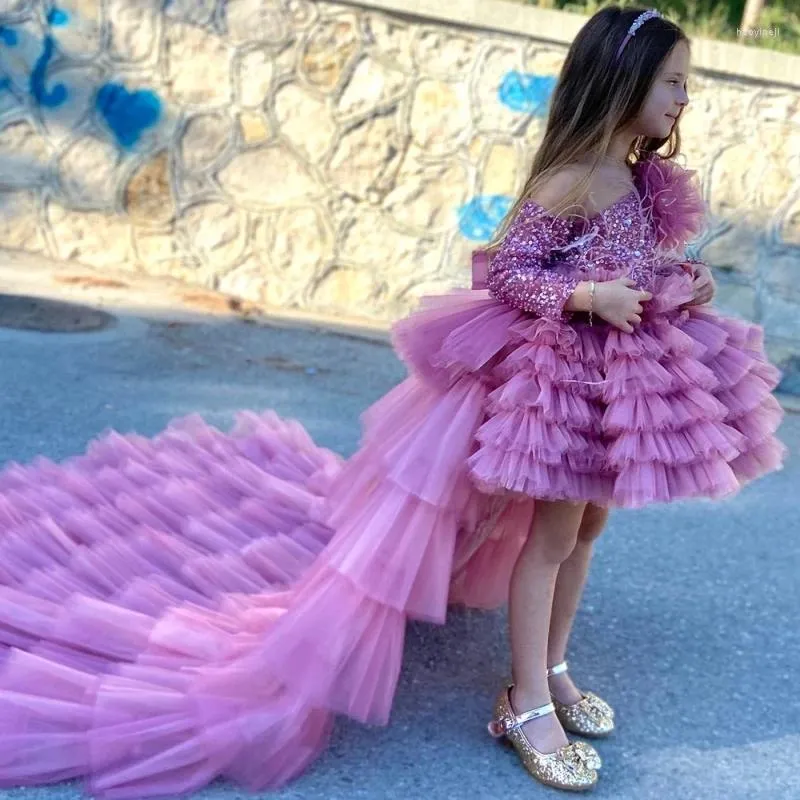 Vestidos de niña con lentejuelas y flores de tul, vestido de desfile de manga larga con un hombro falso y tren desmontable, vestidos largos de fiesta de boda