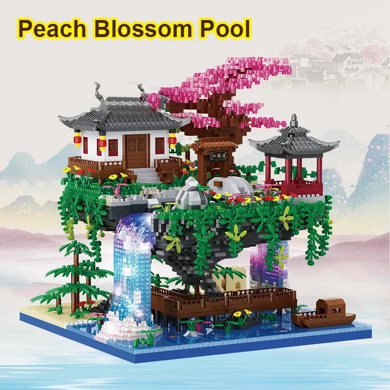 Blocos 3320pcs flor de pêssego piscina ar árvore casa edifício suzhou jardim diy montagem tijolos brinquedo led luz mini diamante para criança 231114