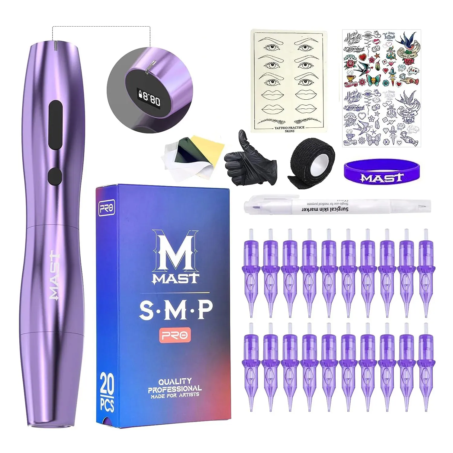 Mast P20 Wireless Tattoo Kit Rotary Pen Machine Cartridge Needles for Permanent Makeup SMP TZ-021