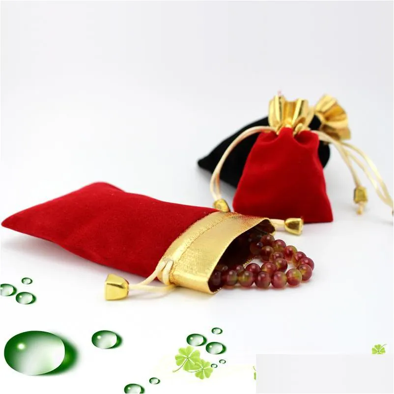 Jewelry Pouches Bags 7X9Cm/9X12Cm Gold Bead Dstring Veet Pouch Christmas Birthday Gift Packaging Black/Red Drop Deli Dhgarden Dhj6Q