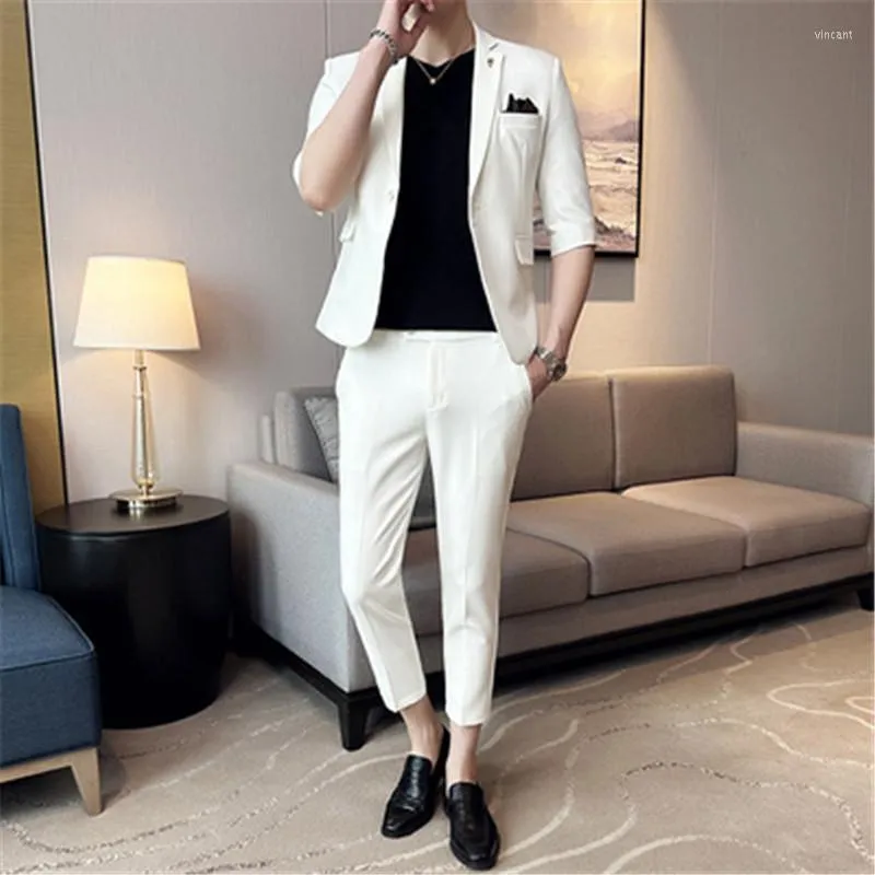 Herenpakken zomer halve mouw mannen set 2 stuks met broek slanke fit witte blazer prom jurken mannelijke kleding ternos kostuum 2023