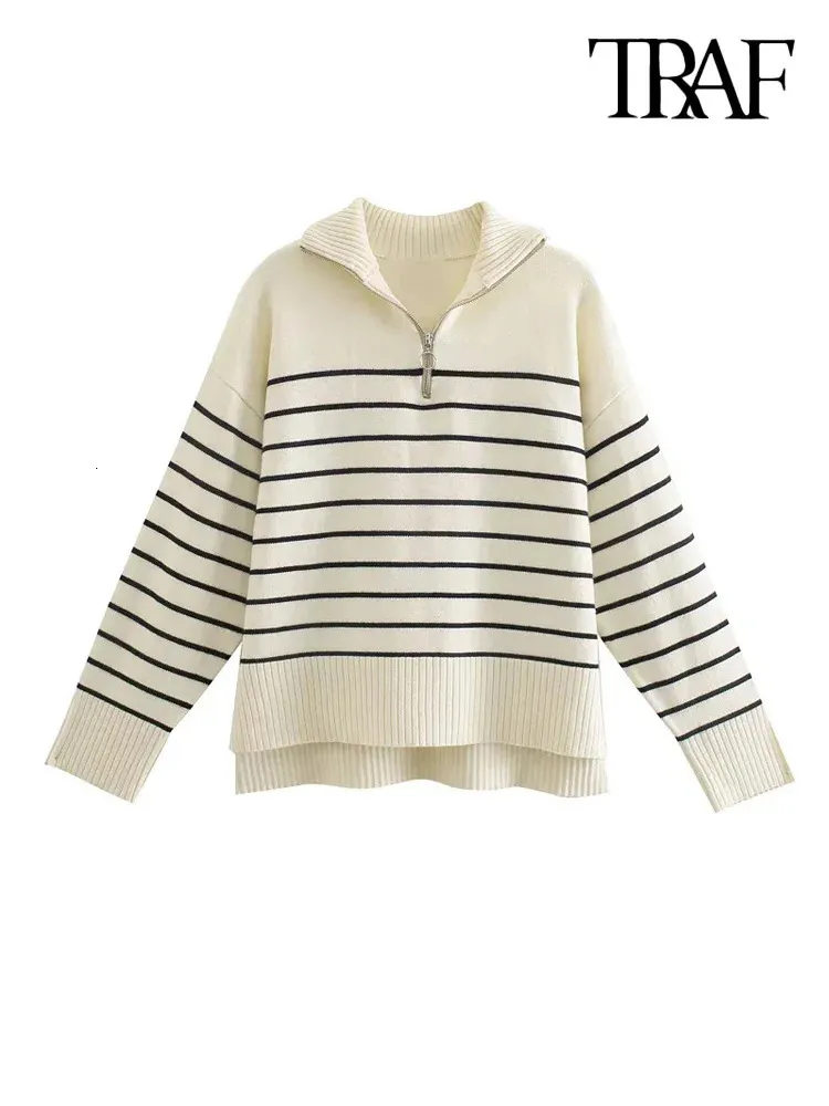 Women's Sweaters TRAF Women Fashion Loose Striped Asymmetry Knitted Sweaters Vintage Long Sleeve Zip-up Female Pullovers Chic Tops 231113