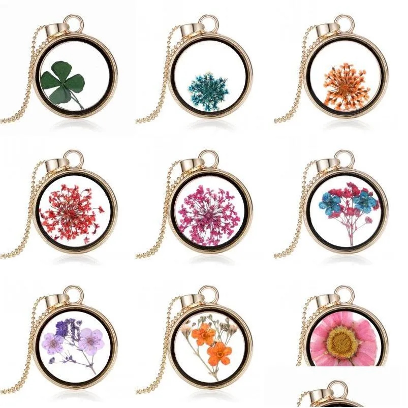 Pendant Necklaces Creative Clovers Gold Plated Mticolor Dried Flower Round Clover Floating Locket Charms Necklace For Woman Dhgarden Dhrc8