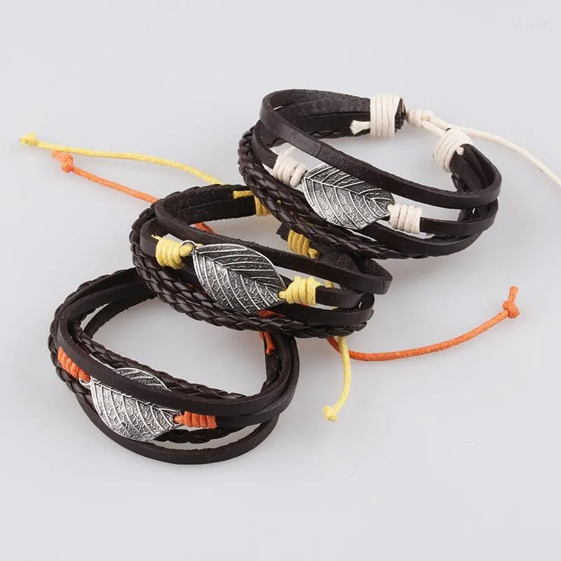Bracelets porte-bonheur Vintage plusieurs couches Bracelet en cuir pour hommes femmes feuille plume tressé Wrap Pulseras réglable