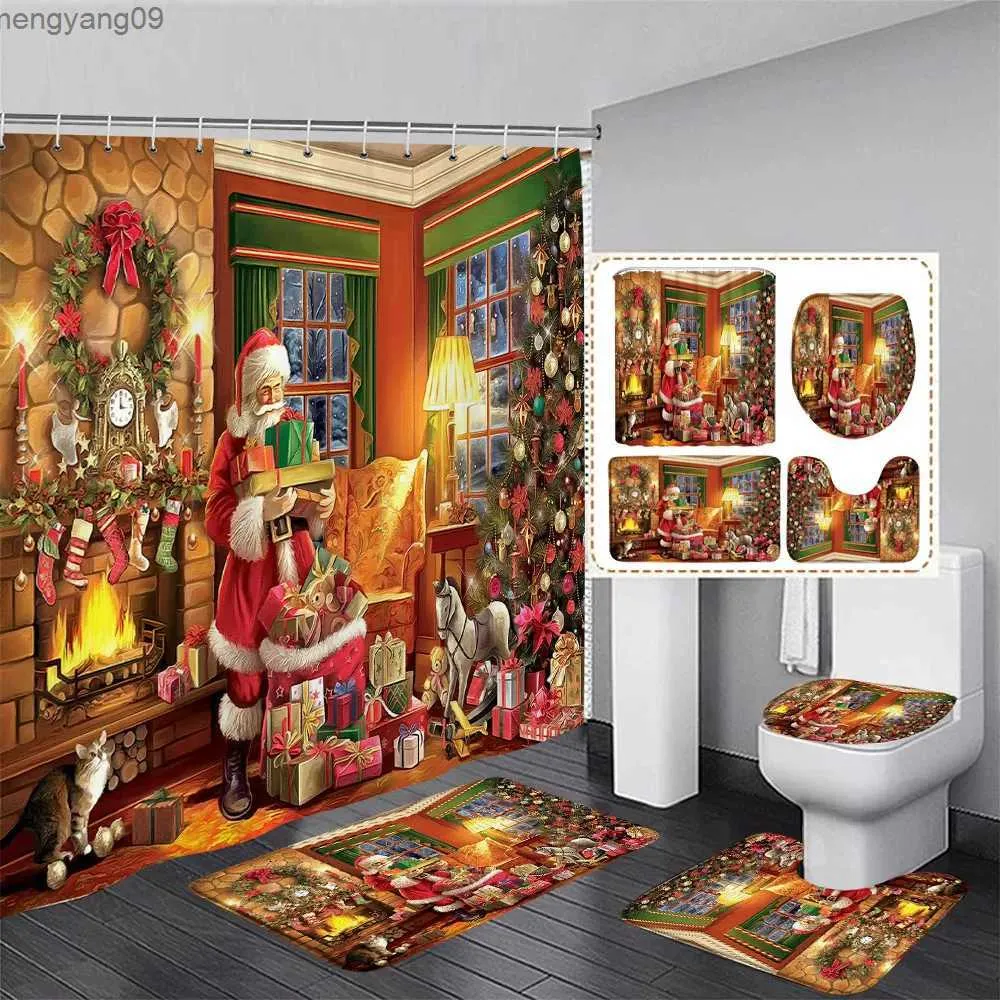 Poedist 4-Piece Christmas Bathroom Set - Shower Curtain, Bath Mat, U-Shape Rug & Toilet Cover