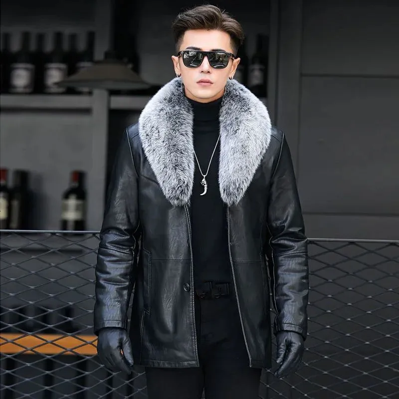 Men's Jackets S5XL Bomber Sheepskin Leather Biker Jacket Men Detachable Fur Collar Lamb Fleece Lined Mens Coat Winter C331 231113