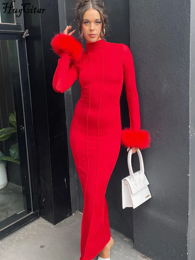 Casual Dresses Hugcitar Feather Longeplees Bright Line Sexig Bodycon Maxi Prom Dress Fall Women Elegant Outfit Evening Party Club Y2K W 230414