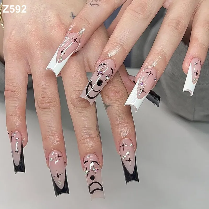 Detachable Pink Long Coffin Press on Nail Full Cover False Nails Wearable Rhinestone Gradiant Ballerina Design Fake Nails