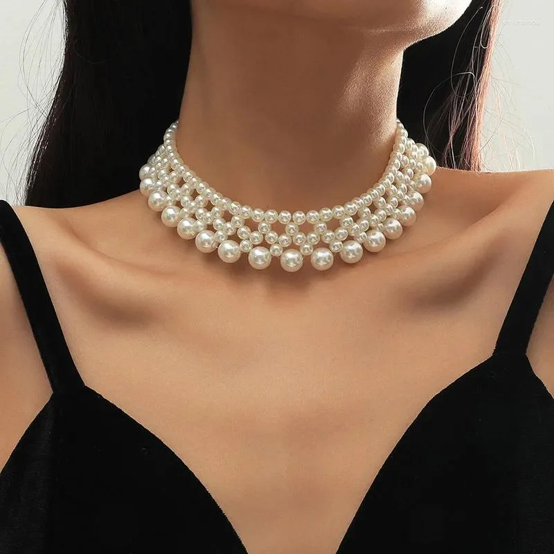 Choker Europe and America Hyperbole Jewelry Bohemia Handmade Weave人工真珠女性のための白い色のネックレス2023