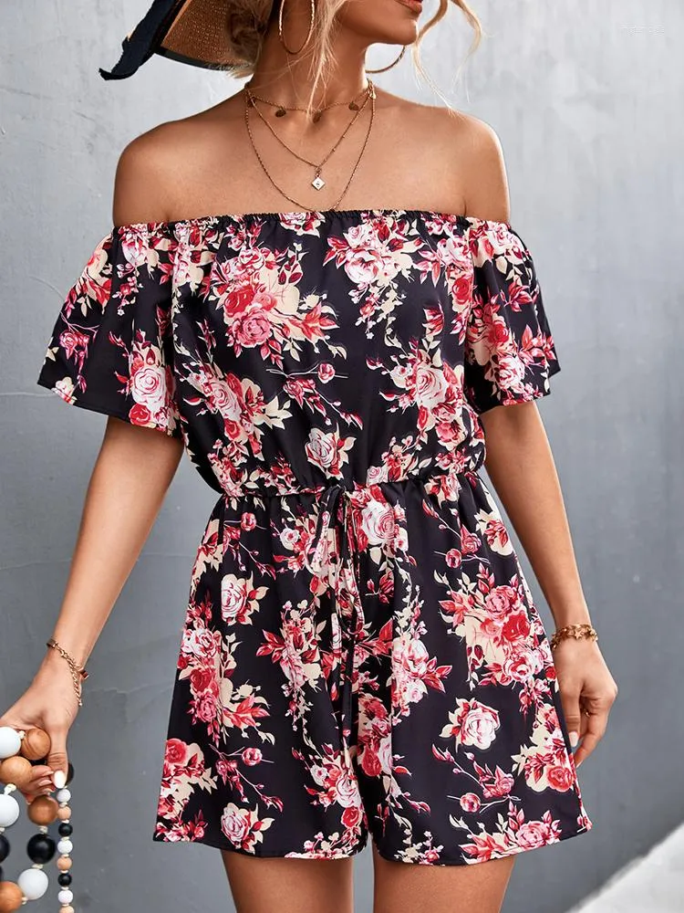 Kvinnors spårvagnar Beach Print Jumpsuit Women Shorts Set Summer Floral Sexy Off Shoulder Rompers Casual Elastic midja Löst kläder 2023