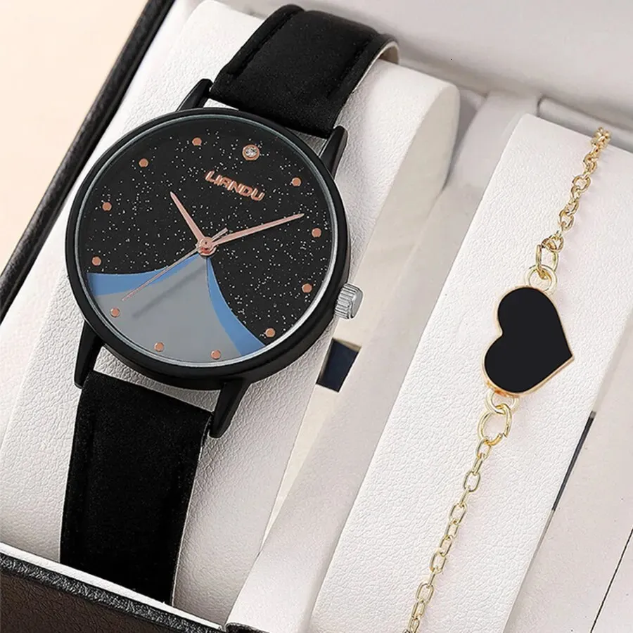 Relógios femininos 1pc relógio de quartzo feminino com pulseira de coração qpc moda casual ponteiro redondo delicado conjunto preto 231114