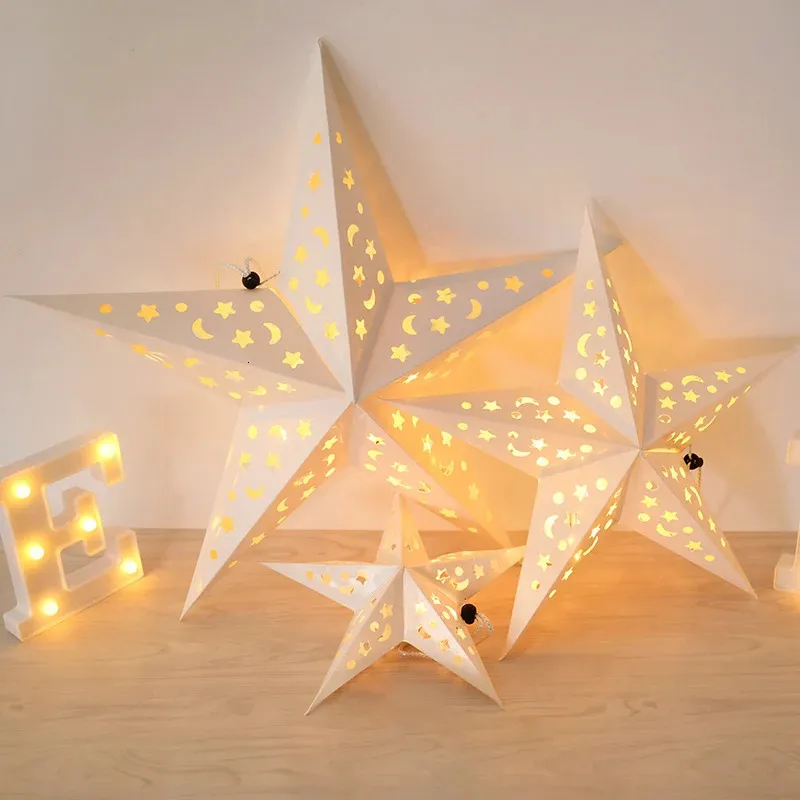 Dekorativa föremål Figurer 304560cm Hollow Out Star Light Window Grille Paper Lantern Stars Lampskärm Bröllopsfest Home Garden Hanging Lights 231114