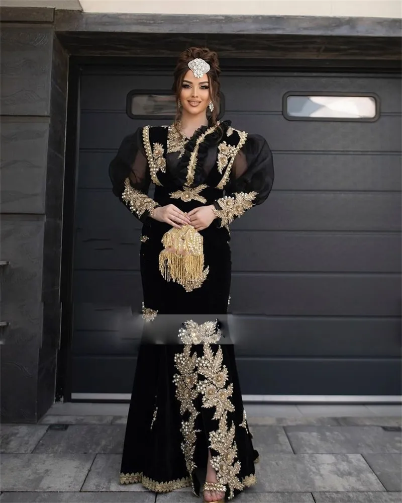 Moroccan Caftan Evening Dresses Lace Applique Floral Prom Gowns with Long Sleeves for Special Occasions
