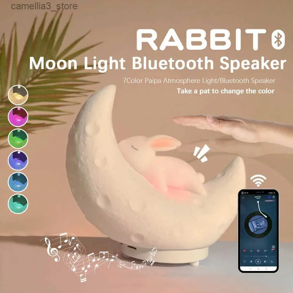 Veilleuses Bluetooth musique lapin lune haut-parleur LED lumières Rgb atmosphère lumière Silicone néon veilleuse chambre décor décoration chambre lampe Q231114