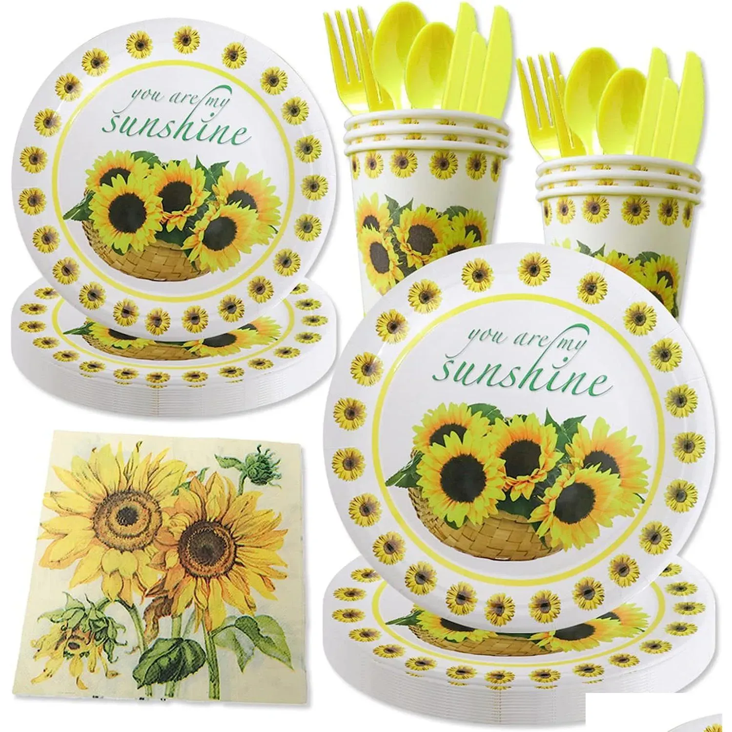 Talheres descartáveis Placas de papel de flores Fontes de festa floral Conjunto de louça de aniversário de girassol Serviço de chá de bebê para 10 convidados, incluindo Dhvhz