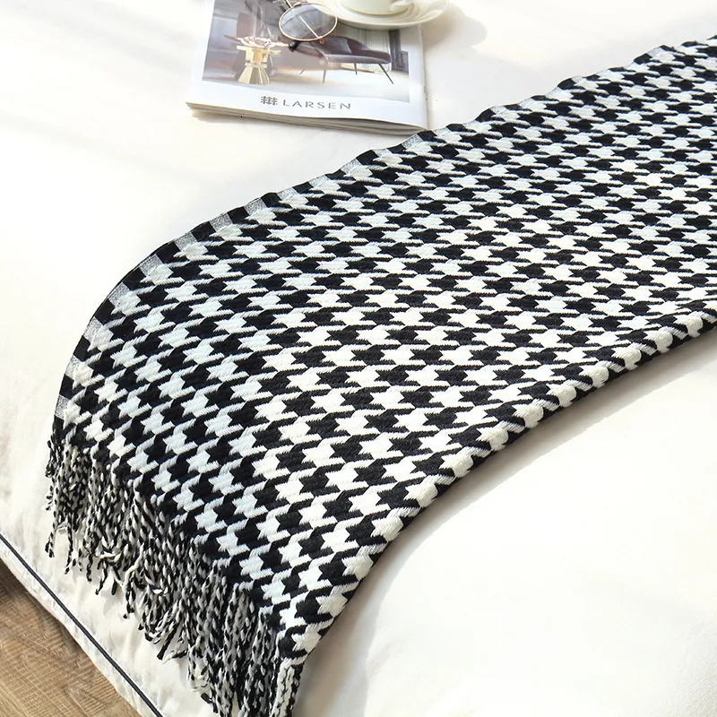 Filtar Nordic Style Houndstooth Soffa Filt Sticked Filt Homestay Bedroom Bed Flag Bed Tail Handduk Handduk Rum Dekorativ filt 230414