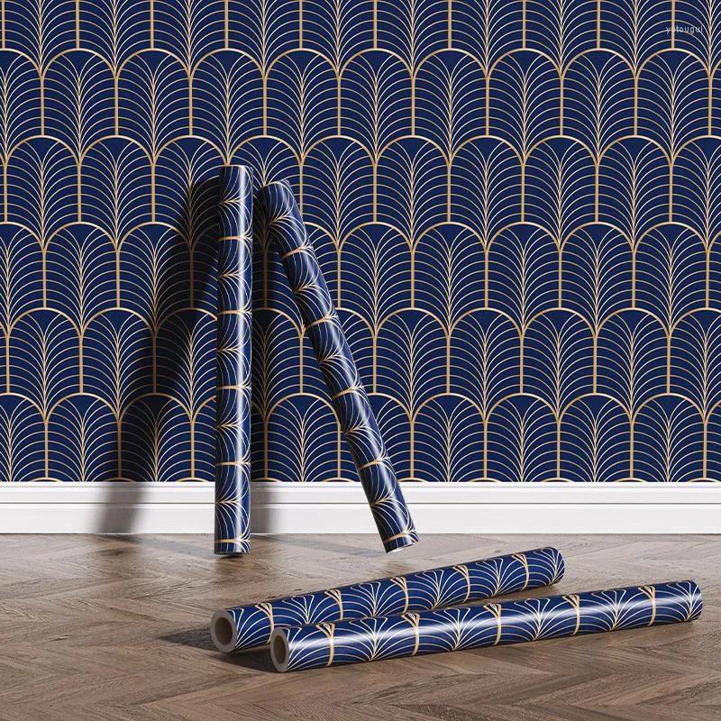 Wallpapers Modern Blue Golden Metal Arc Self Adhesive Wallpaper Peel And Stick Striped Contact Paper Removable Waterproof Film Wall