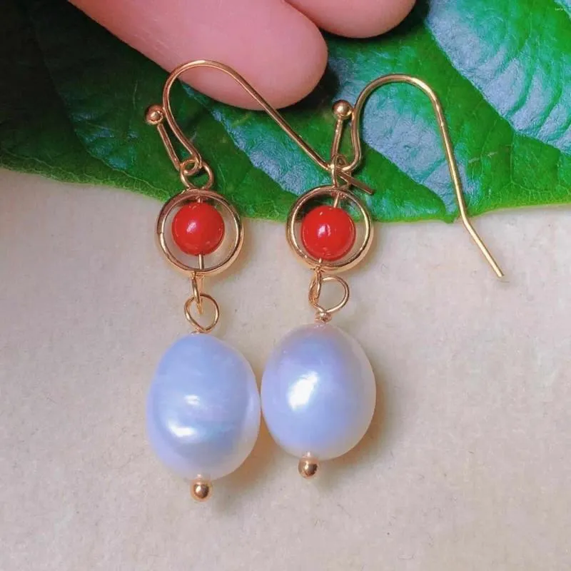 Boucles d'oreilles pendantes en perles blanches naturelles, perles rouges du sud, or 18 carats, beau classique, cadeaux de vacances, FOOL'S DAY, clou d'oreille d'eau douce