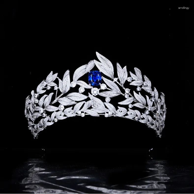 Fermagli per capelli Lusso Cubic Zirconia Matrimonio Tiara nuziale Corona Foglie Grandi donne Accessori per gioielli da ballo Placcato in platino CH10268BLUE