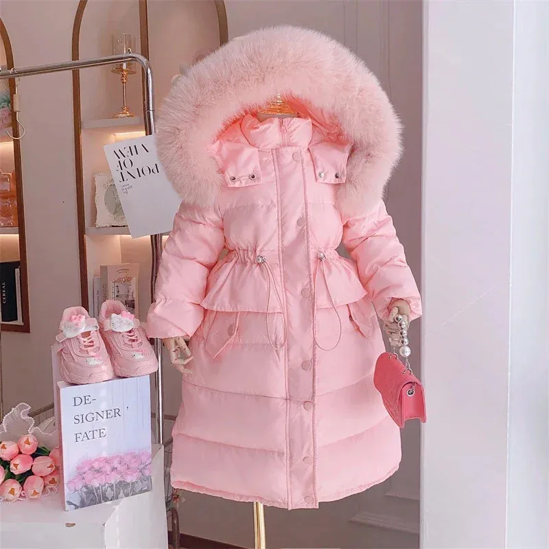 Пуховое пальто, зимние милые длинные куртки для девочек с большим меховым воротником, детские парки, детская одежда, ветрозащитные утепленные пальто 231113