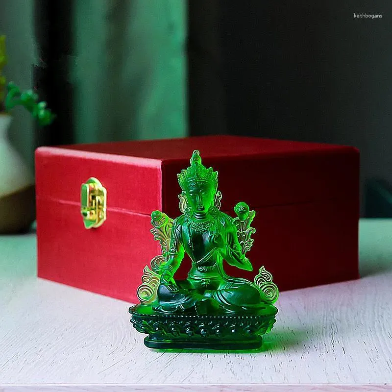 Dekoracyjne figurki 10 cm zielony kolor Tara Guanyin Buddha Statua żywica zamiatanie Demon Lotus Base Mascot Home Dekoracja