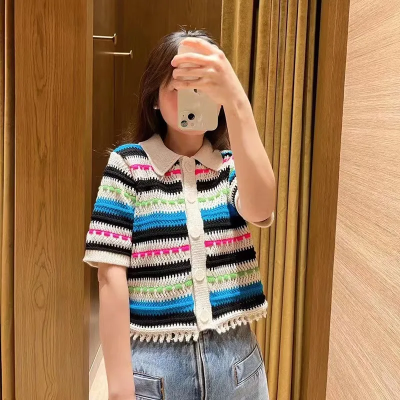 Women s Cotton Blend Striped Knit Cardigan with Fringes Contrast Color Long Sleeve Button Closure Slim Fit Short Length Geometric Pattern