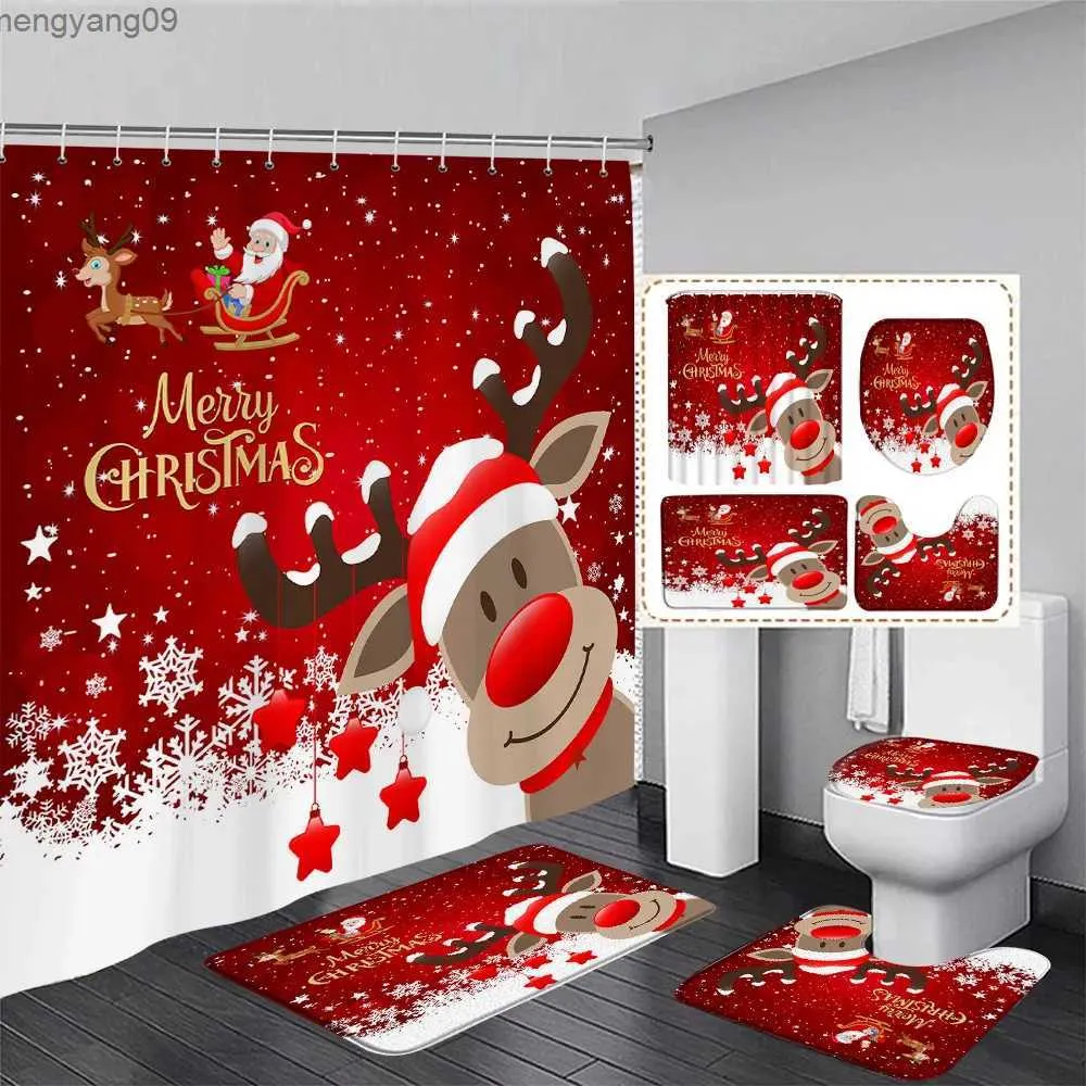 Douchegordijnen Rode Kerst Douchegordijn Set Kerstman Kerstboom Geschenken Witte Sneeuwvlok Nieuwjaar Badkamer Decor Badmat Toilet Cover R231114