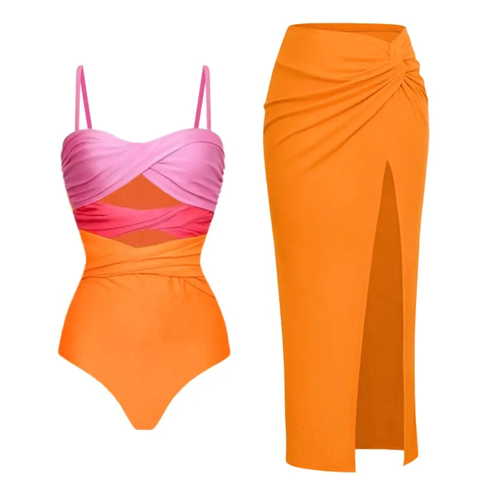 Swim Wear Fashion Colorblock Beach Swimsuit Sling Slim Hollow Bikini Backless Trend Kirt Women's Swimwear High midja 230413