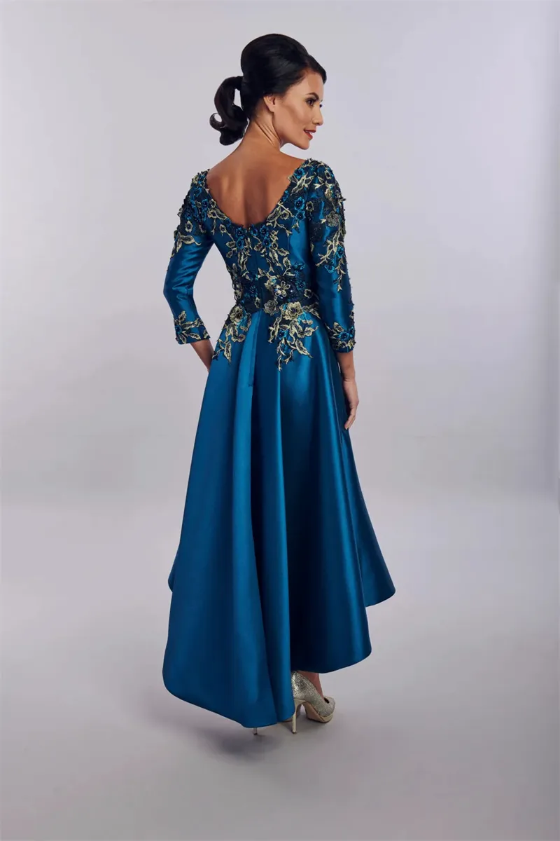 Mother of the Bride Dress Tea Length Satin A-Line with Pockets Scoop Neck 3/4  Sleeves Lace Appliques Hi-Lo Hemline Zipper from Dhgate Mother's Dresses -  price 149.55