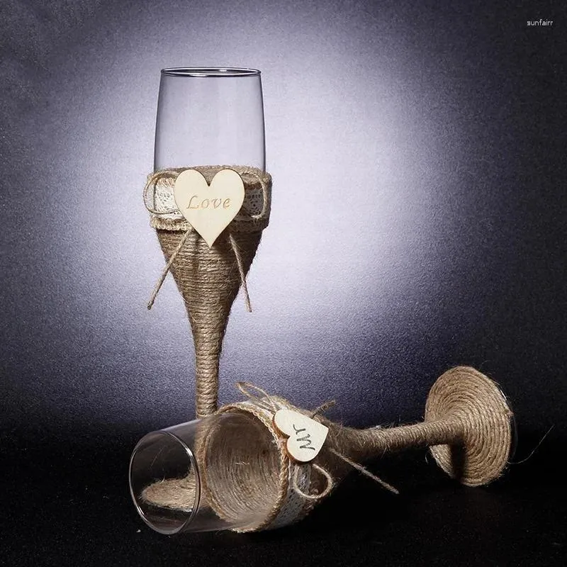 Bicchieri da vino Set da 2 pezzi Bicchiere da sposa Bicchiere da champagne personalizzato Flauti da tostatura Tazza rustica in pizzo di tela