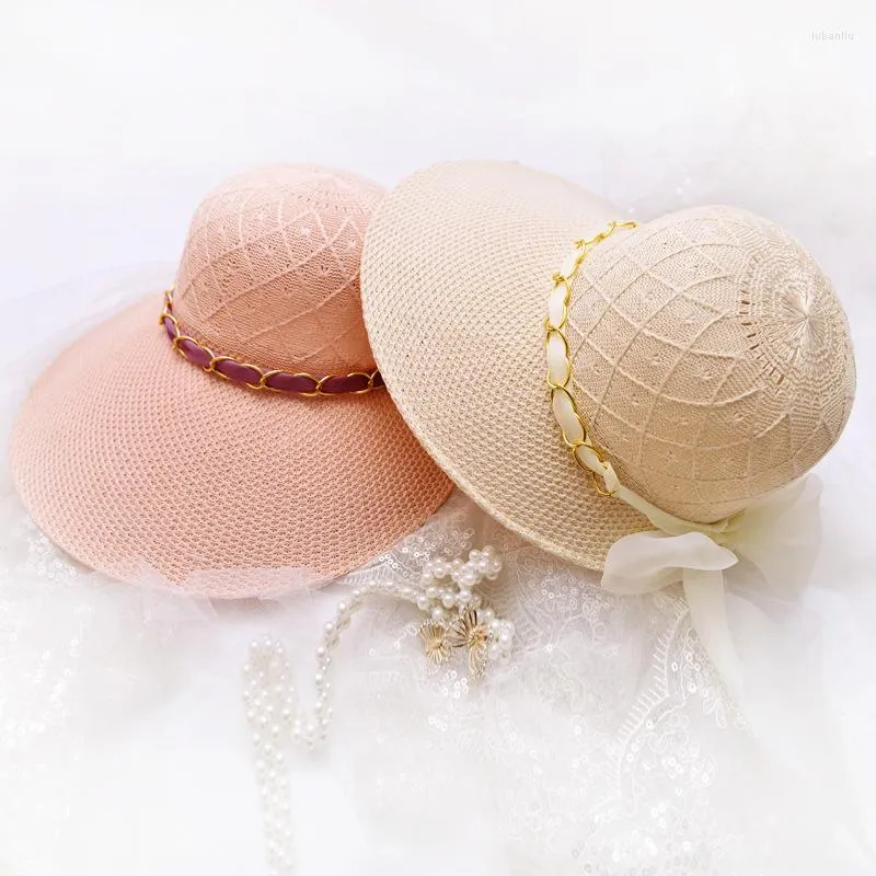 Cappelli a tesa larga Summer Women's Outdoor Sunscreen Chain Garza Ribbon Bow Large Beach Parasole Hat