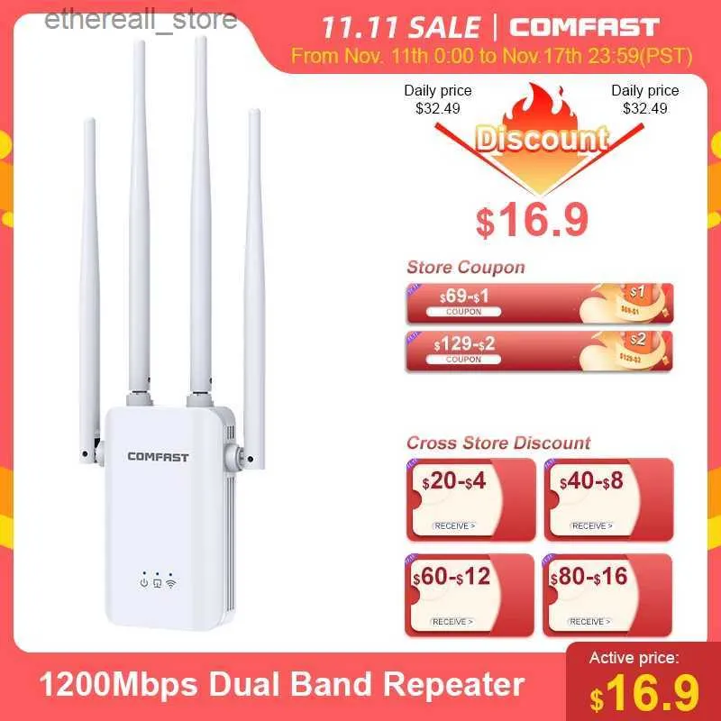 Routers 1200Mbps WiFi Repeater 2.4G/5.8G Wireless Router Repetidor Long Range Signal Extender Powerful Amplifier 802.11AC Wi-Fi Booster Q231114