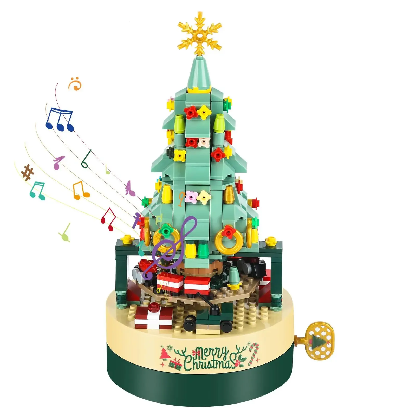 Blocks ToylinX Christmas Tree Brick Music Box Rotating Clockwork Educational Learning DIY Building Toys Xmas Decoration Gift 231114