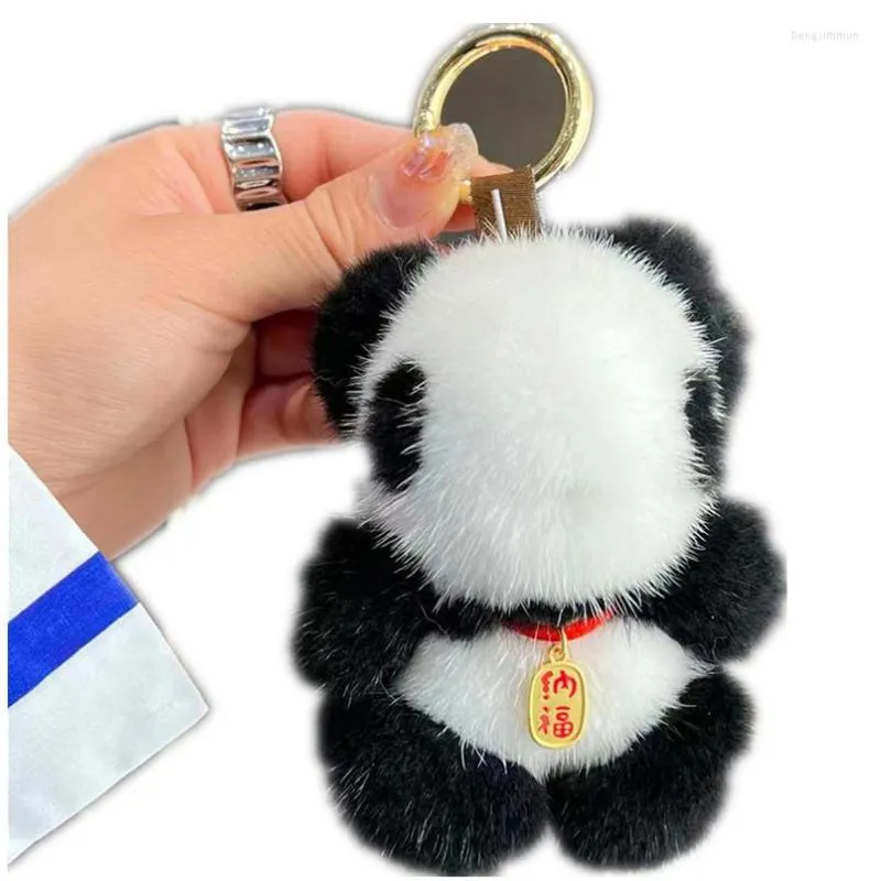 Keychains Cute Girl Fluffy äkta boll Pompom Panda Keychain Kvinnor Plush Key Ring Car Trinket Jewelry Party Gift