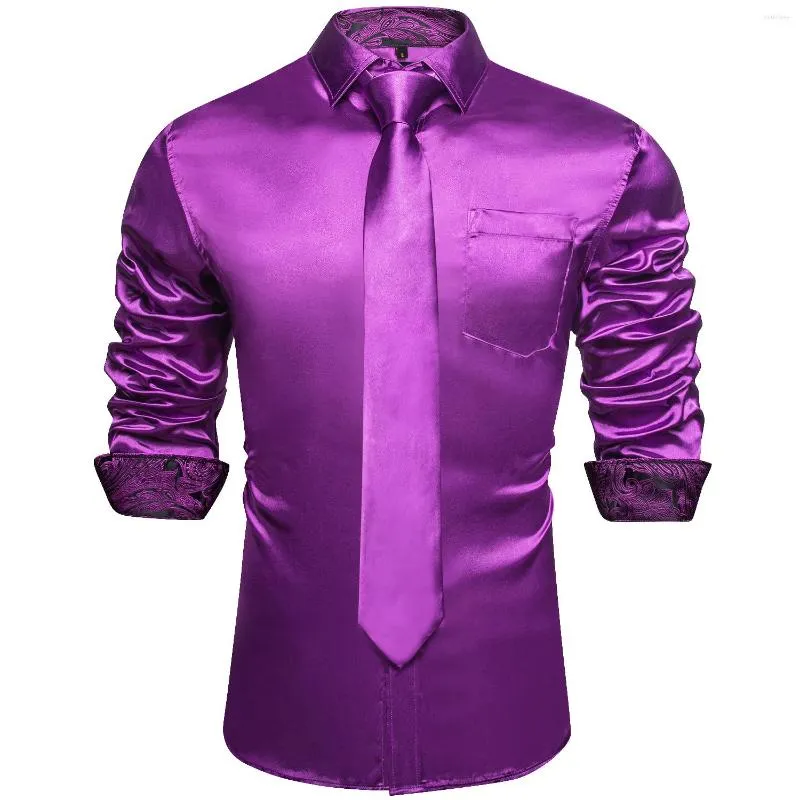 Herenjurk shirts heren paarse satijnen luxe zijden glad soild trouwfeest sociaal smoking prom shirt lange mouw top casual mannen doek