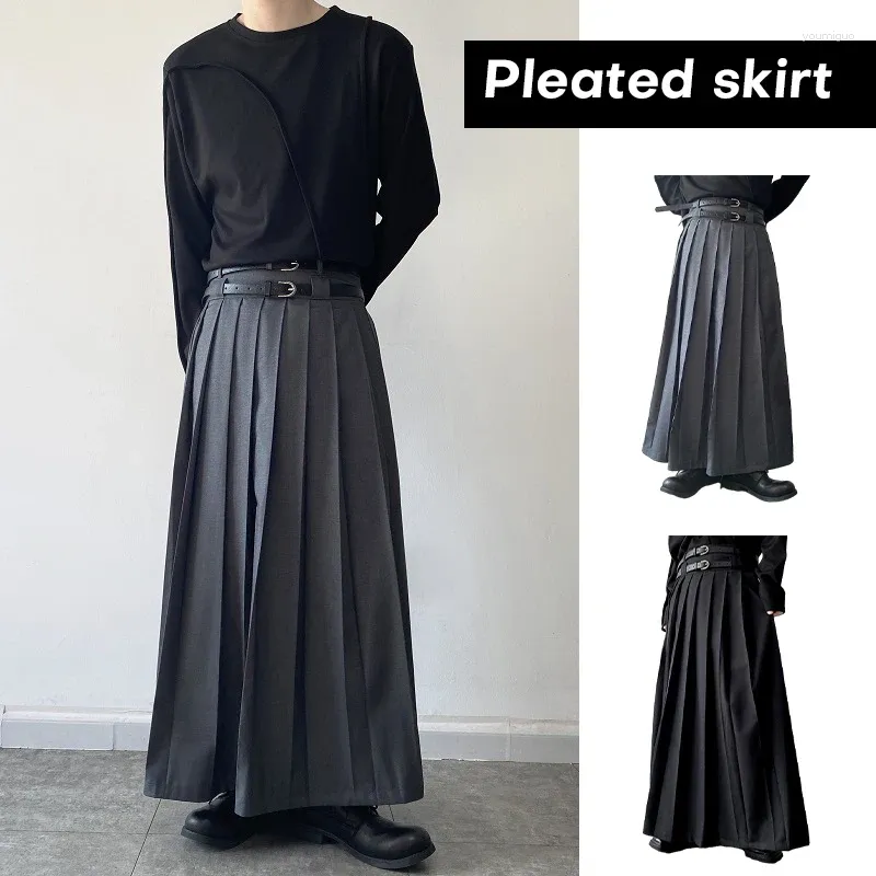 Men's Pants Personality Men Casual Skirts Double Belt Design Pleated Loose Trousers Streetwear Punk Japanese Style Fashion