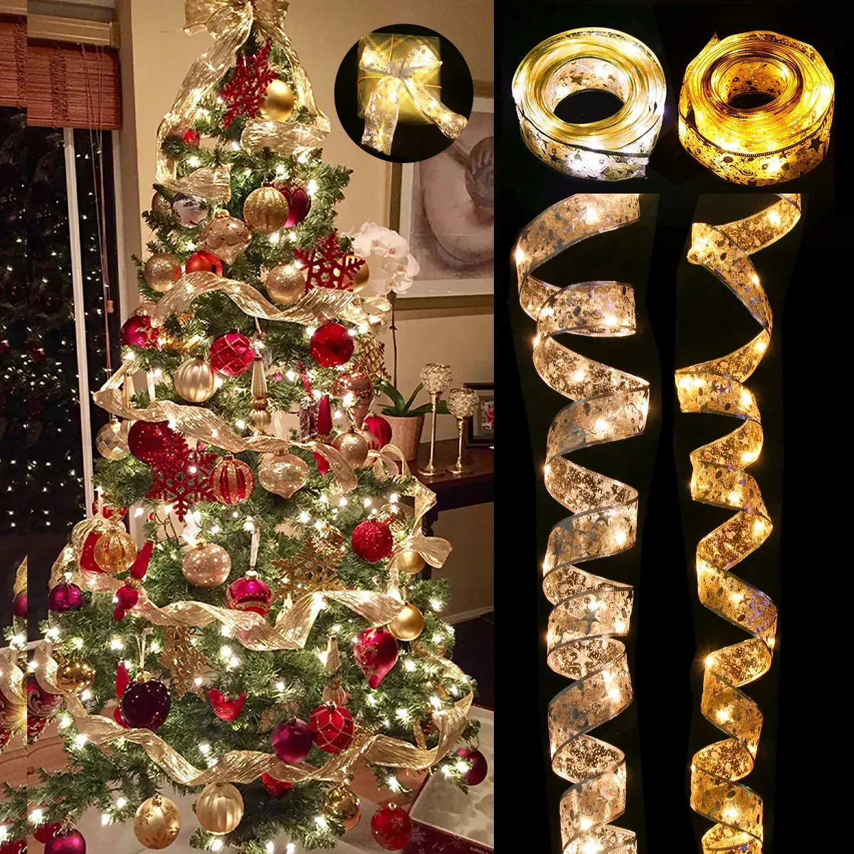 Juldekorationer Ribbon Fairy Light Merry Decoration for Home Tree Ornaments Decor 2023 Bows String Lights Navidad Natal Noel 231113