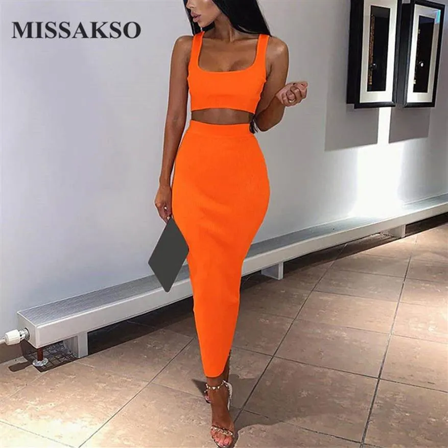 Missakso deux pièces ensemble robe mi-longue sans manches débardeur Club mode fête été femmes robes côtelées néon vert Orange rose 2103042311