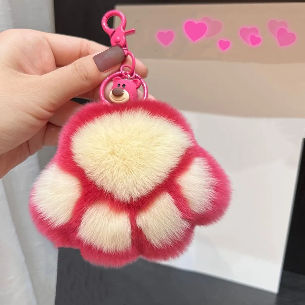 Artigli di orso fragola Ciondolo per zainetto Ciondolo per borsa Ciondolo portachiavi per auto Veri capelli di coniglio Rex Simpatici artigli di gatto di peluche