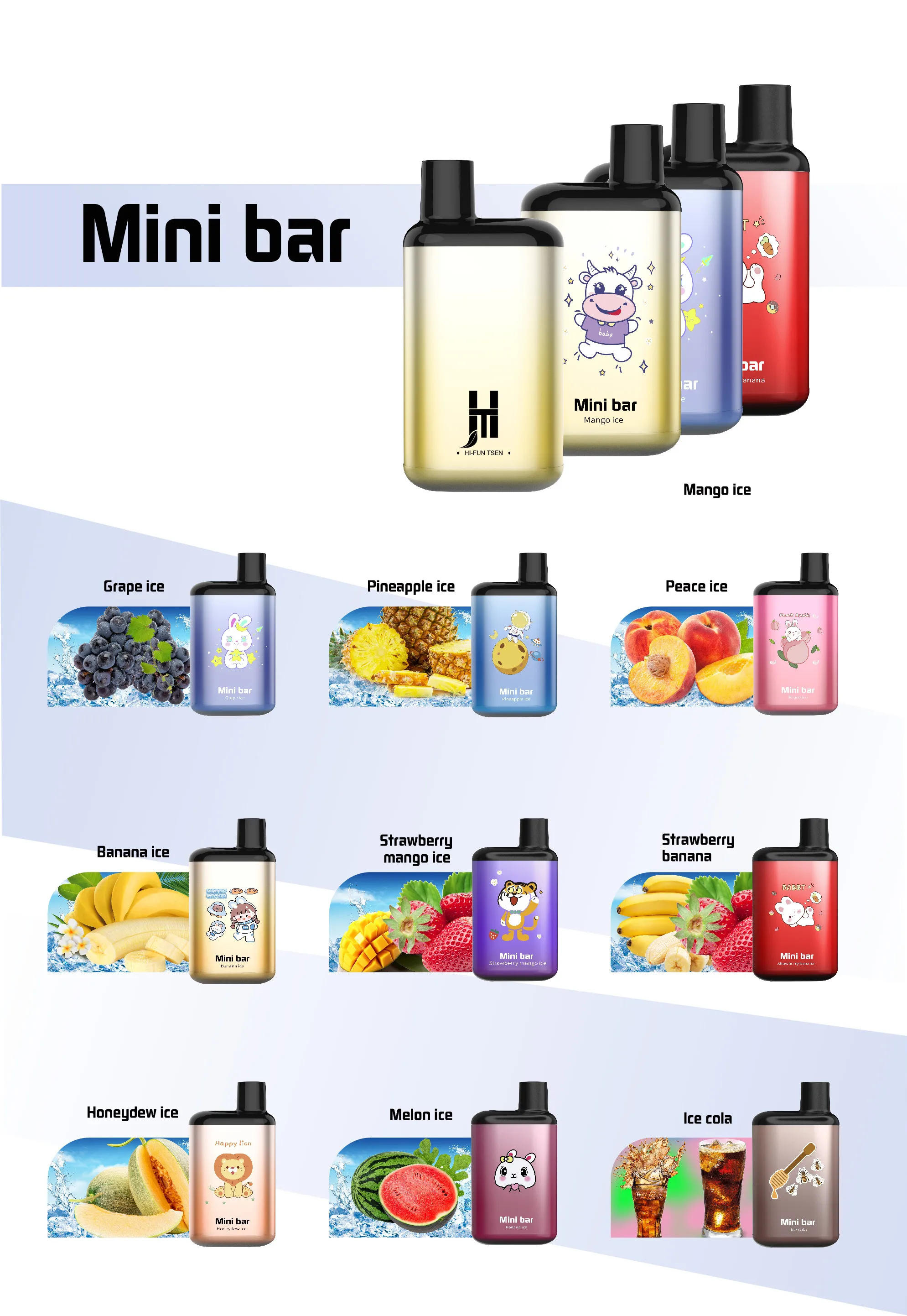 Mini Bar 800 puffs Hi-fun Puffs Electronic Cigarette Kit Disposable Vape Box Mesh Coil 400mAh Battery 3ml Prefilled