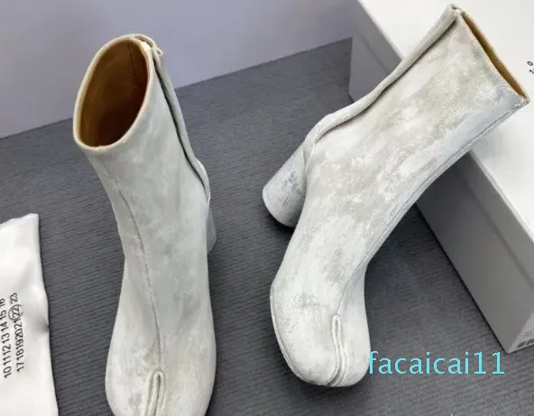 Clásico Nuevo color Brillo Anatomía Tobillo Tabi Botas Tacón grueso Cabeza redonda Moda Tobillo Botas Unisex Diseñador de lujo Moda Denim