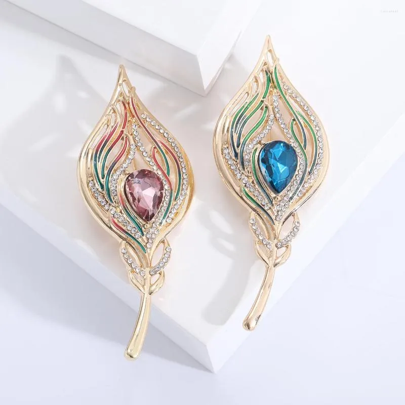 Broches Crystal Peacock Feather Email Pins Wedding Party Accessoires Retro Fashion Sieraden voor stoffen dames unisex cadeau