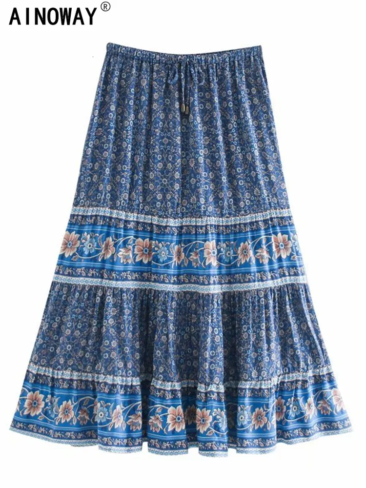 Kjolar vintage chic hippie kvinnor blommor tryckt hög elastisk midja strand bohemiska kjol damer rayon bomull a-line boho midi kjolar 230414