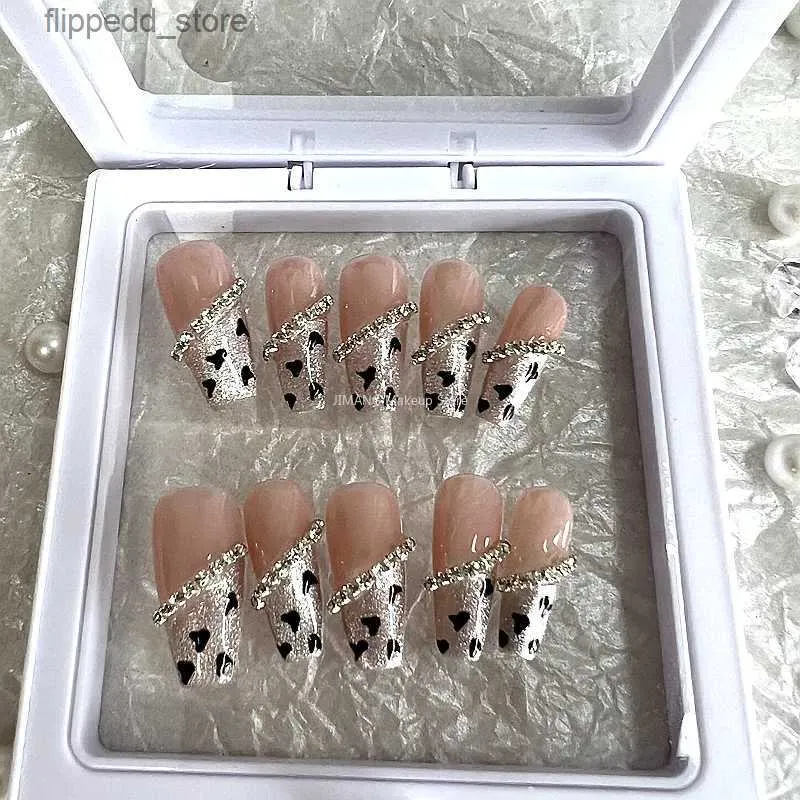 Unhas falsas artesanais estampa de leopardo estilo francês imprensa em unhas glitter unhas falsas com cola caixão de balé reutilizável acrílico unhas falsas dicas q231114