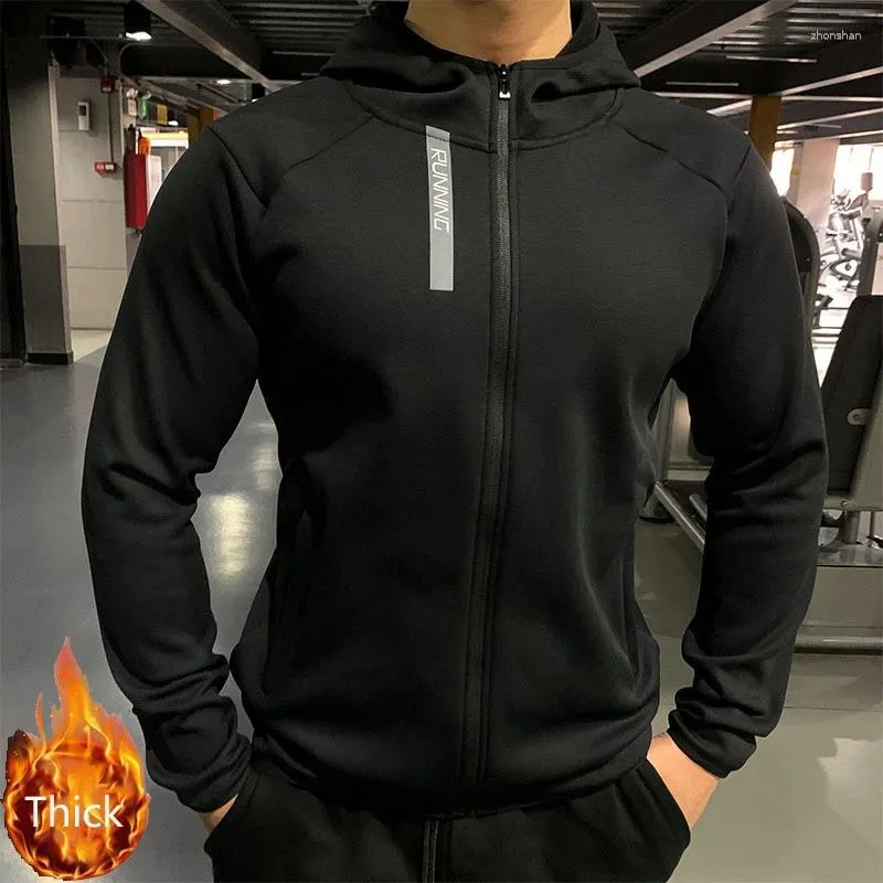 Moletons masculinos grossos com zíper, manter quente com capuz, inverno, fitness, corrida, jogging, moletom de pelúcia sólido, roupas esportivas masculinas